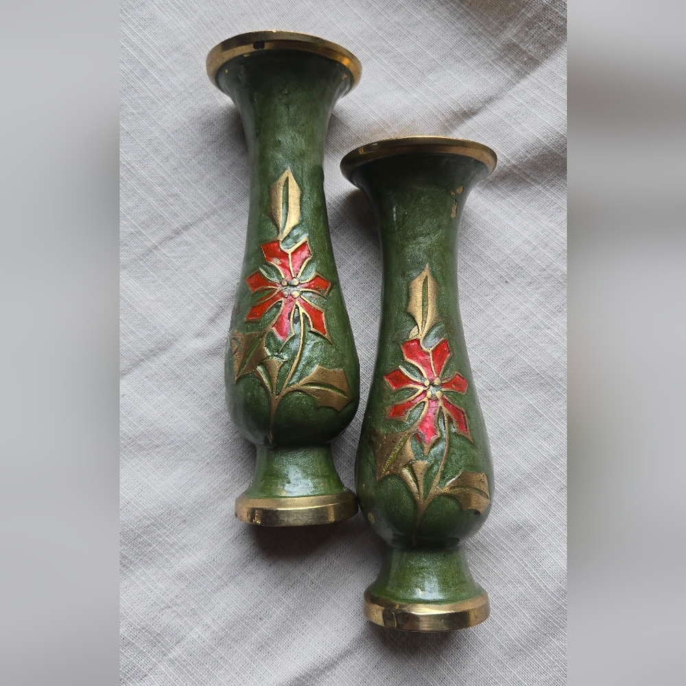 Vintage Brass Green and Red Bud Vases